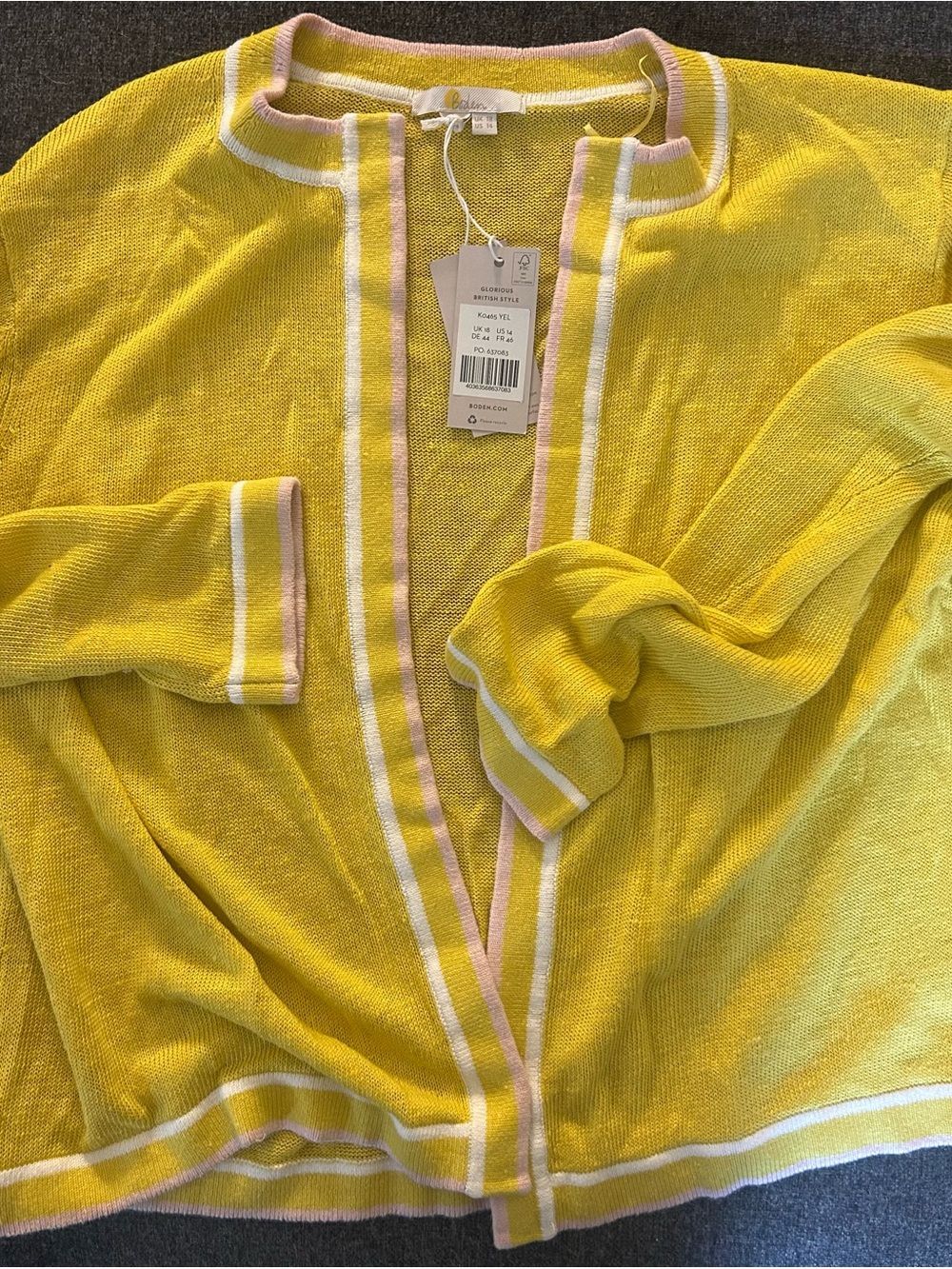 Boden Yellow Open-Front Cardigan with White & Pale Pink Trim